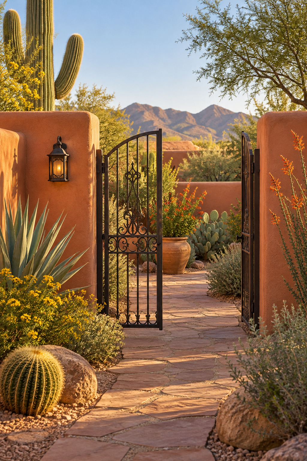 A Sonoran desert courtyard gate in Tucson, Arizona, illustrative