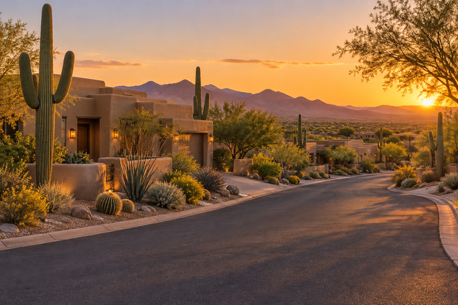 An upscale Tucson, Arizona desert neighborhood street at golden hour, illustrative