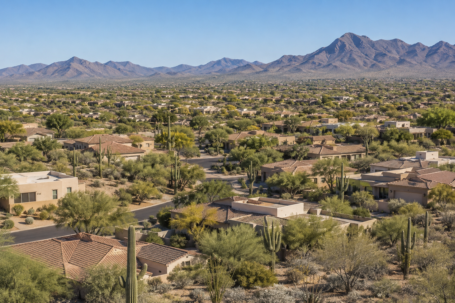 An aerial view of a Tucson, AZ desert neighborhood, illustrative