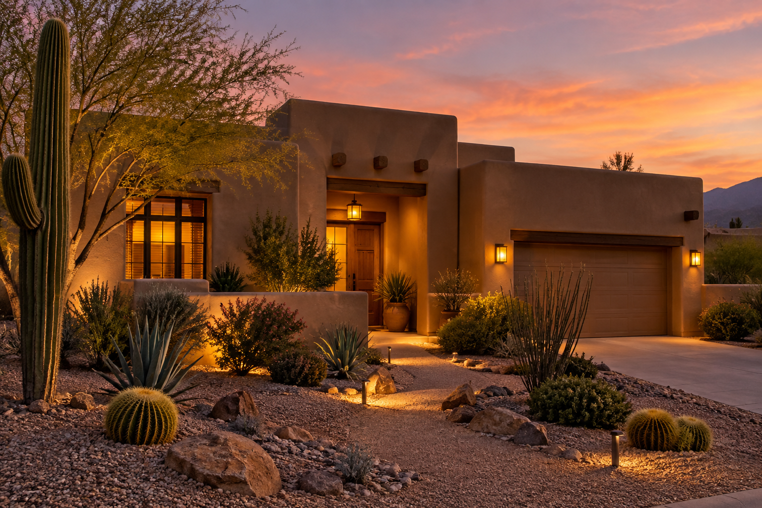 A Tucson, AZ home exterior at dusk, illustrative